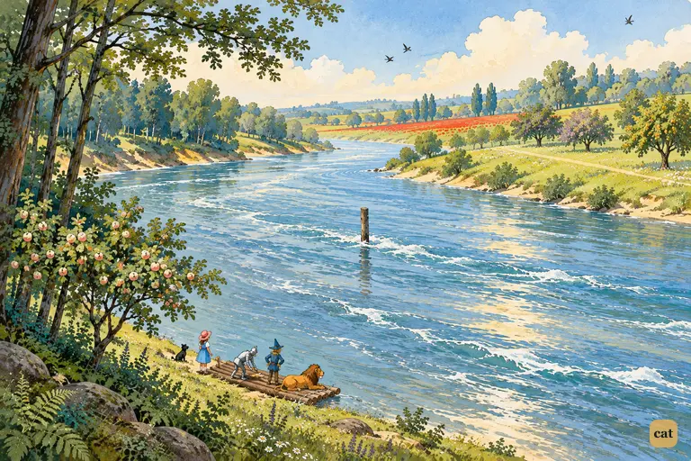 A broad, swift river separates the dim forest bank from bright flowered meadows beyond