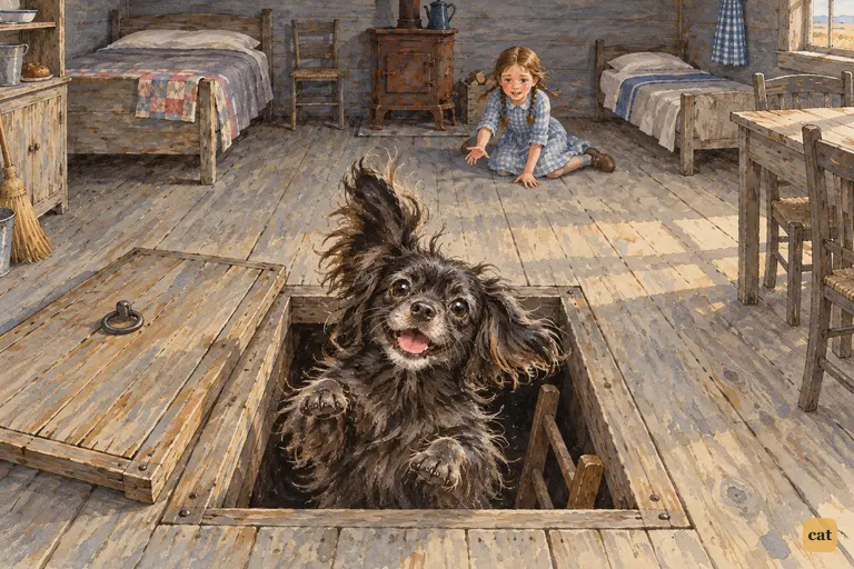 In the swaying house, Toto hangs in the open trap door, held up by the rushing air