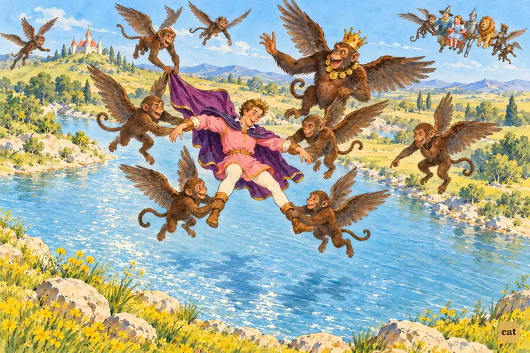 Grinning Winged Monkeys prepare to drop a young man in silk into a wide river