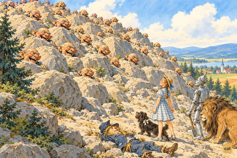 From the foot of the hill, Dorothy looks up at hundreds of armless Hammer-Heads jeering over the boulders, while Toto stands alert at her heel and the fallen Scarecrow sprawls nearby.