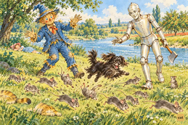 Toto bounds among the field mice, who scatter while the Scarecrow and Tin Woodman look on