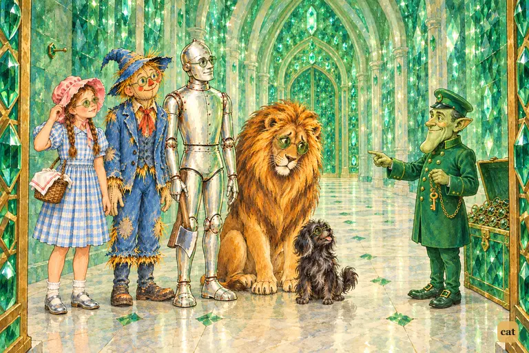 In the arched emerald gate room, the whole party stands in a row wearing locked green spectacles, the big Lion and tiny Toto equally docile, while the little green Guardian checks his work with the key at his chest.