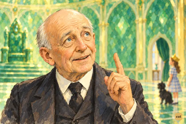Oz, the humbug Wizard, lifts a finger as the idea of a balloon dawns on his delighted face.