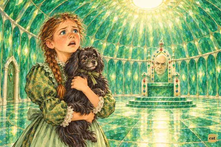 In the round emerald throne room, Dorothy clutches Toto and cries out in shock as the great Head demands she kill the Wicked Witch of the West.
