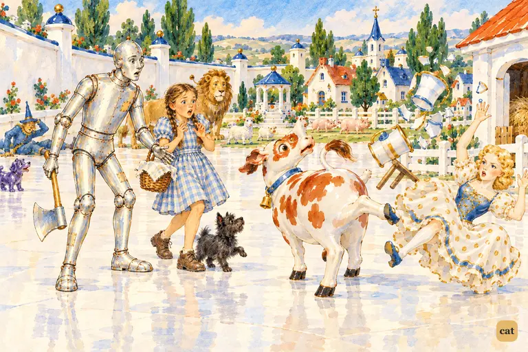 A china cow kicks out as two giant strangers draw near, sending the stool, the pail and the little milkmaid flying.