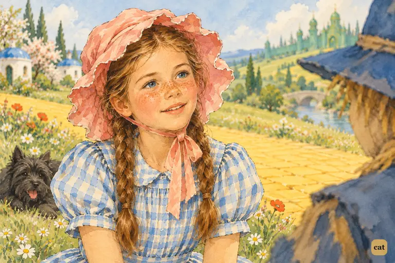 Dorothy, her kiss-mark softly glowing, tells the Scarecrow with earnest tenderness that no place compares to home.