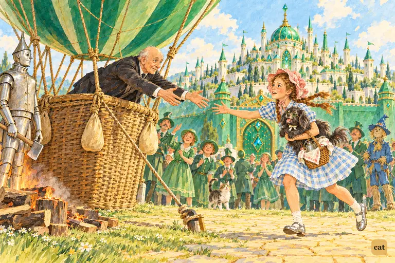 Dorothy races toward the green balloon with Toto in her arms while Oz leans from the basket with outstretched hands, the rope stretched thin.