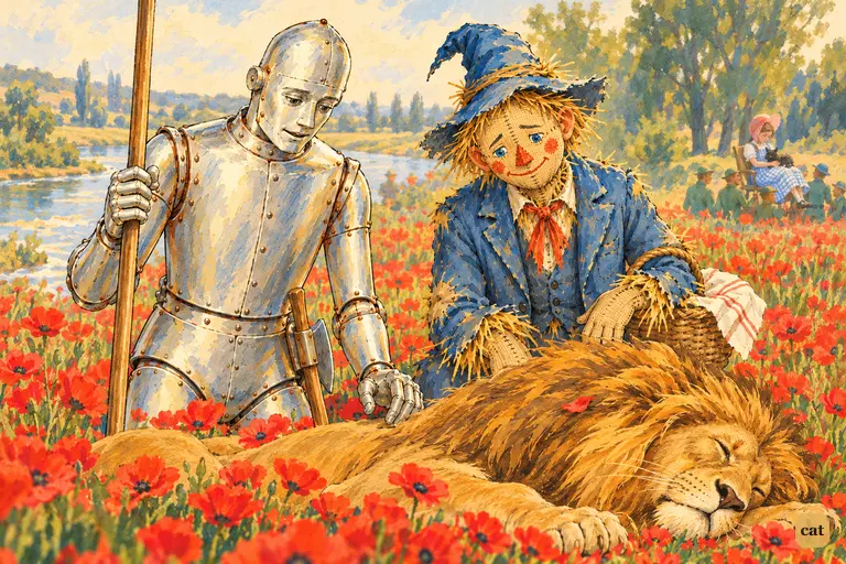 The Tin Woodman and the Scarecrow accept the sleeping Lion is too heavy to carry