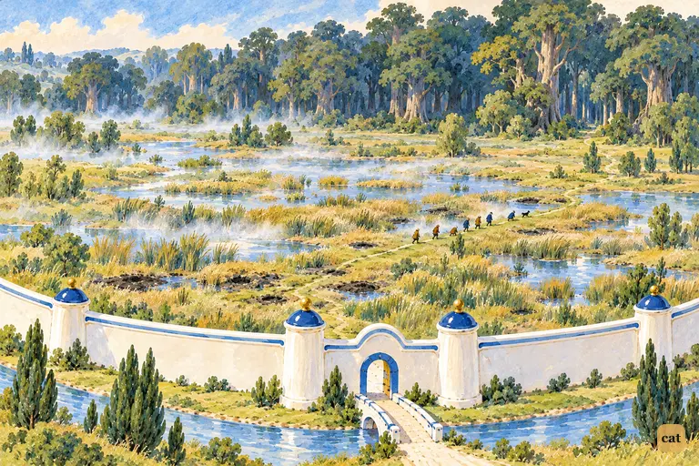 Tiny travelers cross a green bog toward the dark ancient forest beyond the china wall