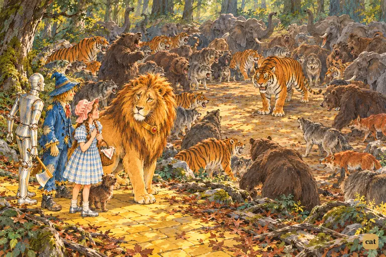 From the edge of a mossy forest clearing, a small party looks down on a vast, growling assembly of tigers, elephants, bears, wolves and foxes.