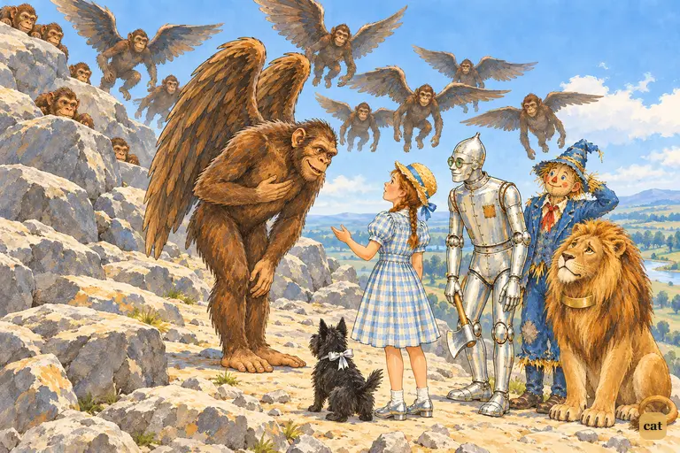 On the stony Hammer-Head hill, the huge king of the Winged Monkeys bows low before little Dorothy in her Golden Cap and asks her command, while his band hovers in the pale sky behind him.