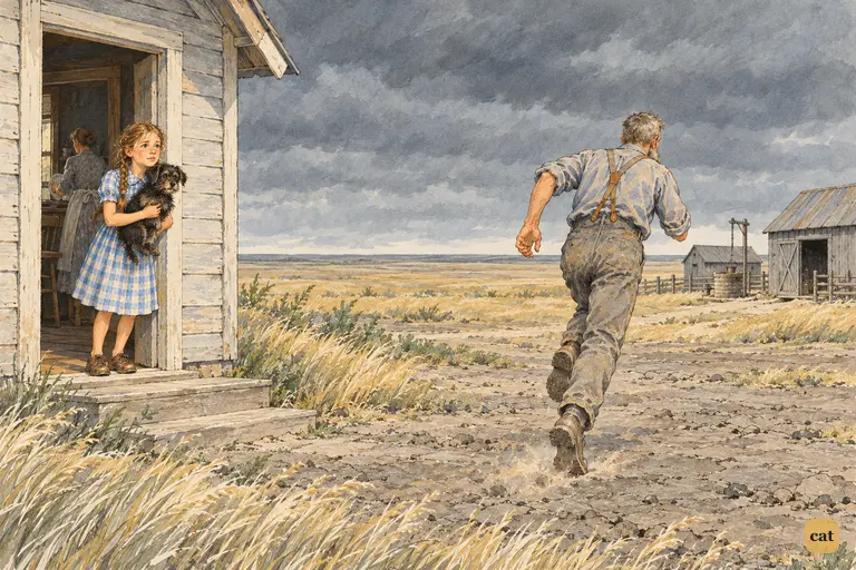 Uncle Henry calls out that a cyclone is coming and runs toward the sheds
