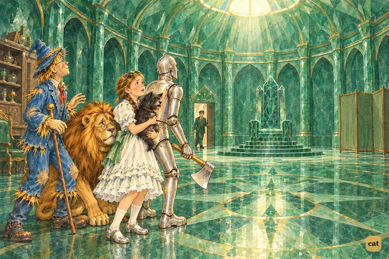 Dorothy and her friends huddle just inside the door of the vast emerald Throne Room, finding only an empty throne and a dreadful stillness.