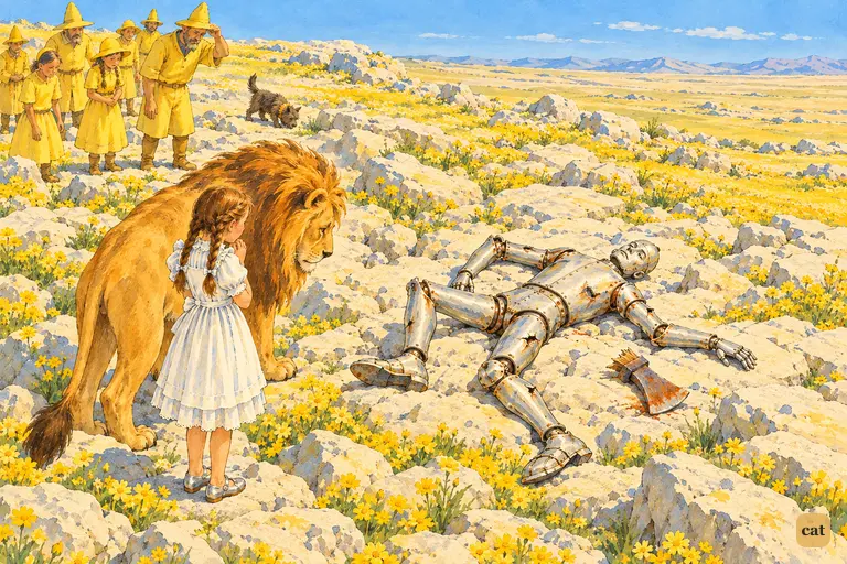 Dorothy, the Cowardly Lion and the yellow-clad Winkies halt on a glaring rocky plain, where the dented Tin Woodman lies beside his rusted axe.