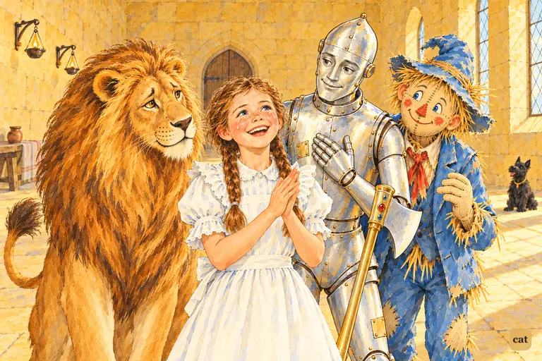In the yellow room of the castle, Dorothy claps her hands and calls for the Emerald City tomorrow, while the Lion, the Tin Woodman and the Scarecrow turn to her with smiling faces.