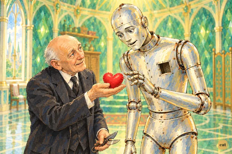 Oz proudly holds up a red silk heart, and the delighted Tin Woodman bends to admire it