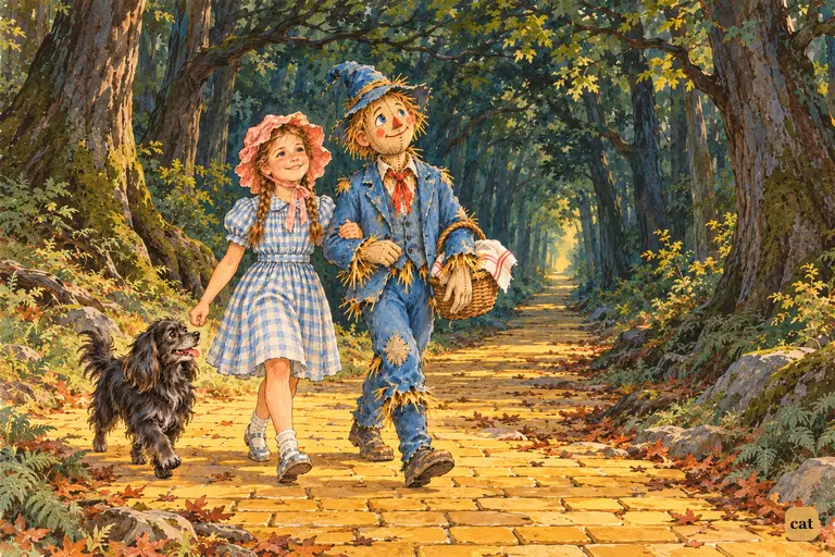 At evening a girl, a straw-stuffed scarecrow and a small black dog walk arm in arm toward a huge green tunnel of branches arching over the yellow brick road.