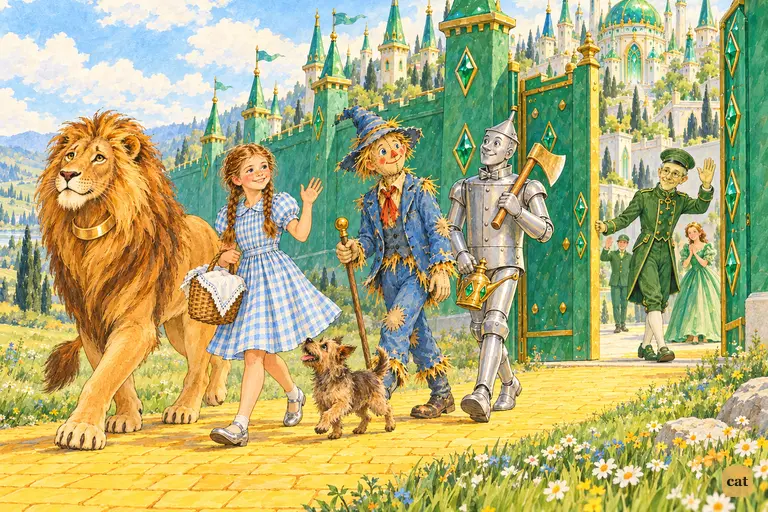 The Guardian holds the emerald gate open as Dorothy and her friends step onto the yellow brick road, the Lion leading the way into the bright green meadow.
