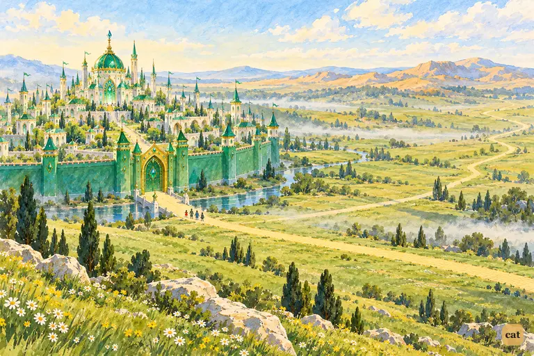 Tiny travelers stand at the open gate of the green city glittering in morning light