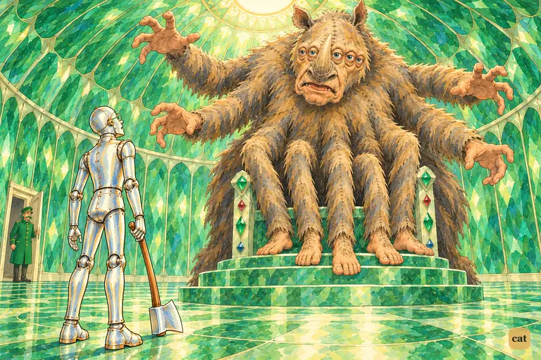 Oz appears as a vast, woolly, five-eyed Beast crowded onto the green throne