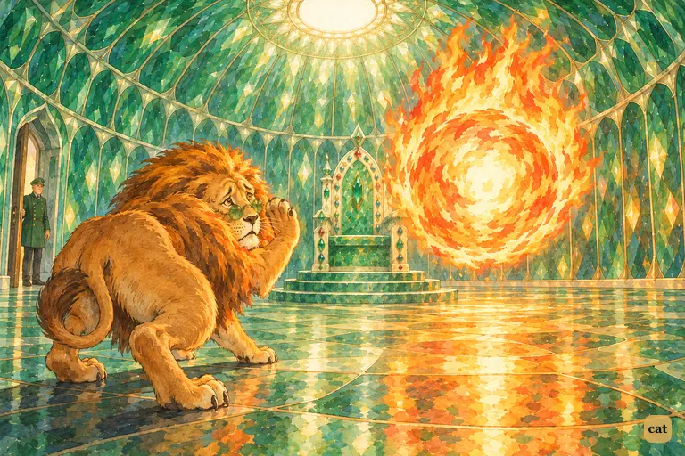 The Cowardly Lion creeps back from a blazing Ball of Fire before the empty throne