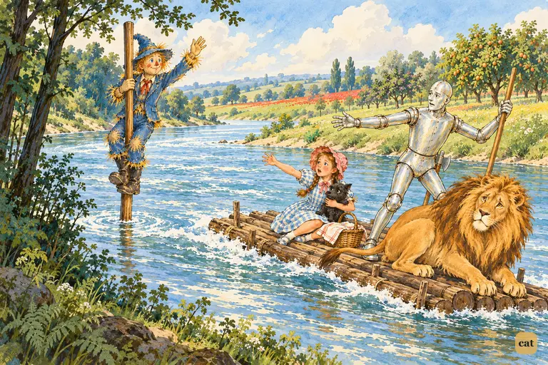 The straw man clings to his pole, planted fast in the middle of the river, while the raft with his friends is swept away to the right.