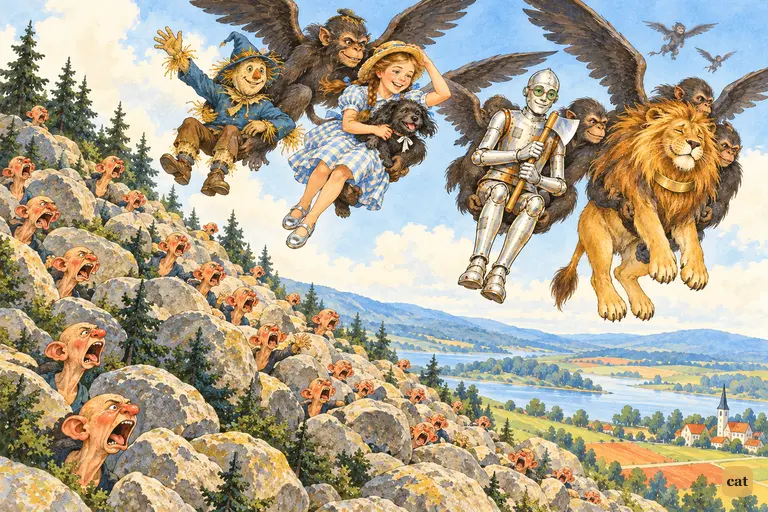 Carried high in the arms of the Winged Monkeys, Dorothy, her three friends and Toto sail over the rocky hill while the armless Hammer-Heads stretch their necks in vain.