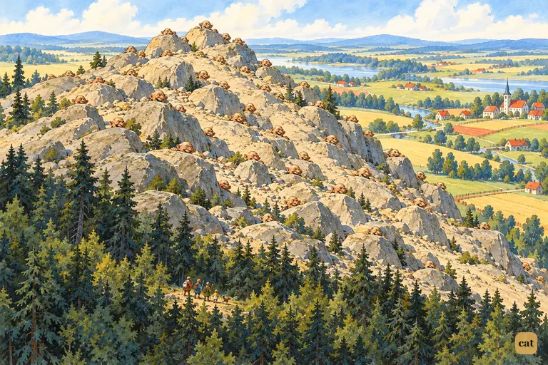 Tiny travelers near the Hammer-Heads' gray hill, with red Quadling country beyond