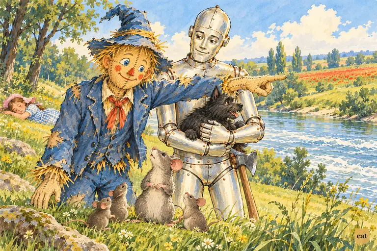 The Scarecrow points to the poppy bed and offers to save the sleeping Cowardly Lion