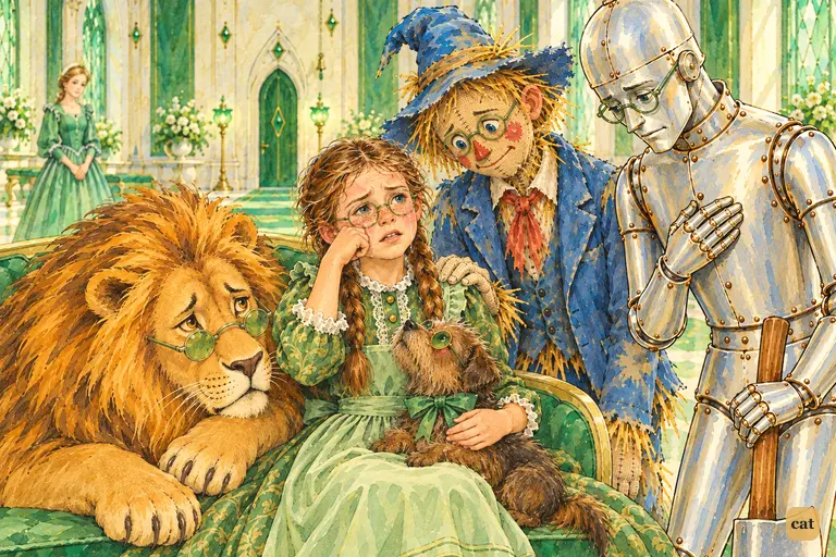 In the great emerald hall, the four friends sit close in a circle of sorrow as Dorothy, wiping her tears, says she will never see Aunt Em and Uncle Henry.