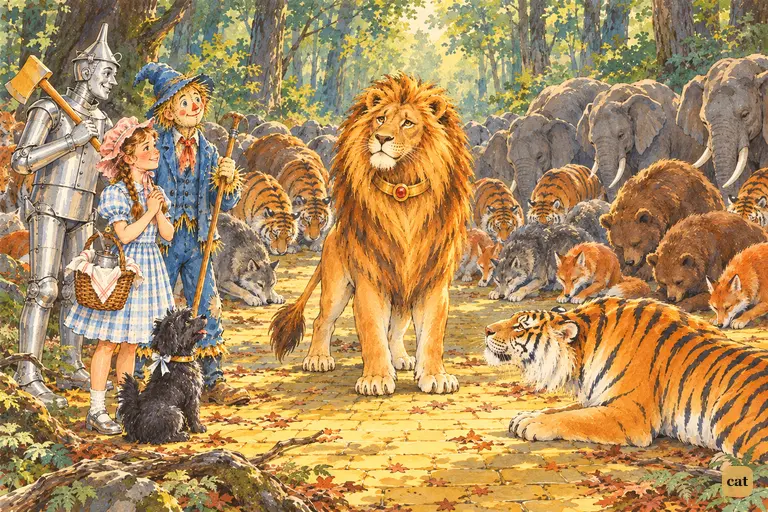 In a sunlit forest clearing, tigers, elephants, bears, wolves and foxes bow to the Cowardly Lion as their new King, while Dorothy and her friends look on gladly from the edge.