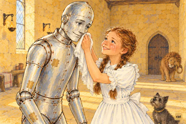 In the Yellow Castle, the mended Tin Woodman bends down to Dorothy, who gently dries each of his joyful tears with her apron while her own tears fall freely.