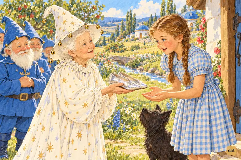 The Witch of the North holds out the silver shoes as Dorothy reaches for them