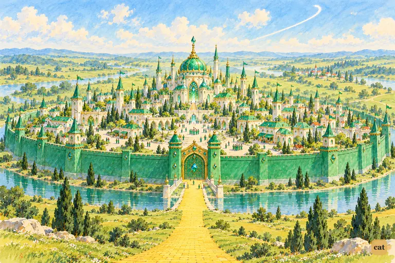 A hushed green morning over the walled Emerald City, the day after the balloon departed.