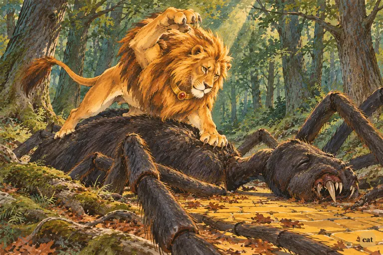 On the sleeping spider's back, the Lion raises his paw to strike its slender neck