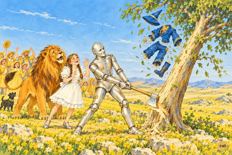 The Tin Woodman's golden-handled axe bites the base of the lone tall tree, and it tips over as the Scarecrow's blue clothes tumble from its branches.