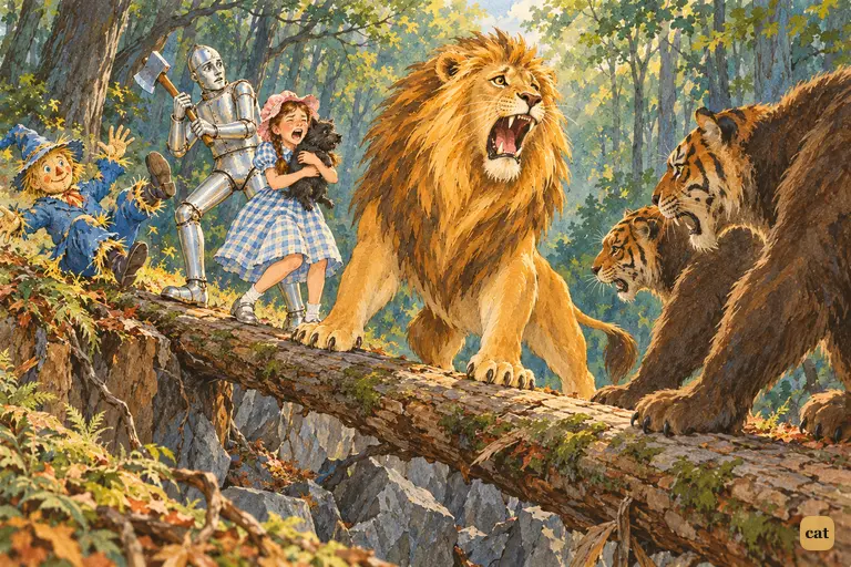 Trembling but standing his ground, the Cowardly Lion turns on the two Kalidahs and lets out a roar so mighty that Dorothy screams and the Scarecrow tumbles backward.