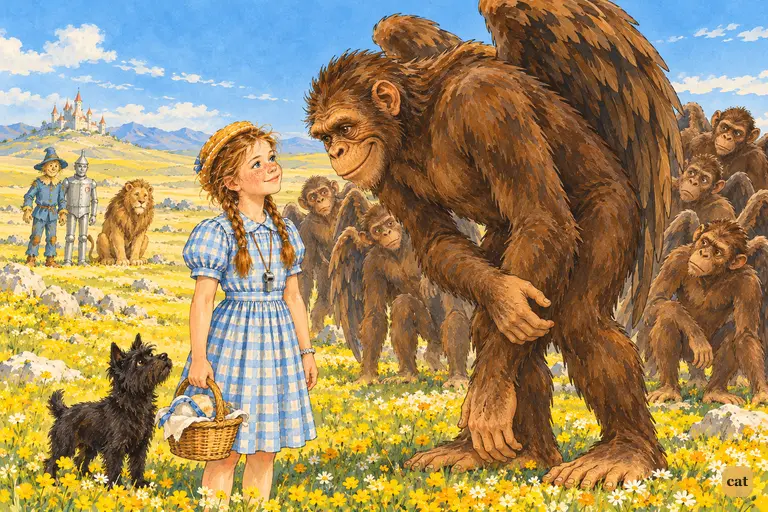 The towering Monkey King bows low before little Dorothy in her Golden Cap and asks for her command, as her friends watch from afar across the yellow fields.