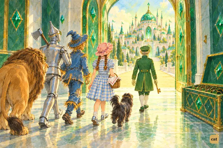 The little green Guardian, in his own spectacles, leads the girl, her dog and her three companions through the opened inner gate into the green glow of the Emerald City.