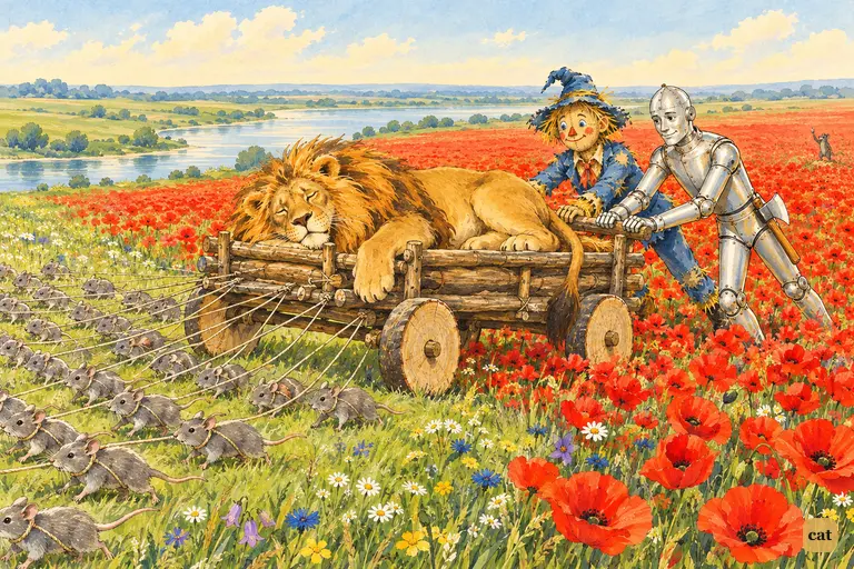 Mice haul the sleeping Lion out of the poppies as the Tin Woodman and Scarecrow push
