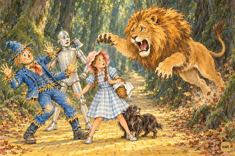 A huge tawny Lion leaps roaring from the mossy forest onto the yellow brick road as Dorothy, Toto, the Scarecrow and the Tin Woodman freeze in surprise.