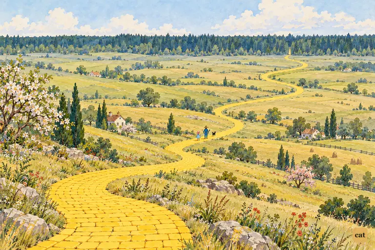 The yellow brick road winds across empty, untilled country toward a dark green forest