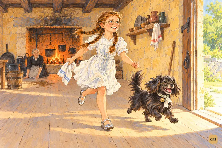 Dorothy, both silver shoes restored, races across the swept castle kitchen toward the sunlit door with Toto bounding at her side, eager to tell the Lion they are free.