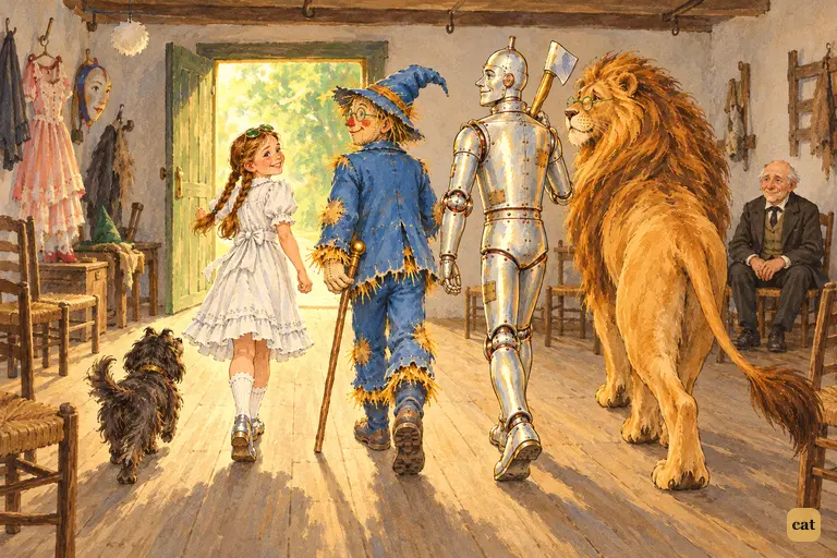 The four friends and Toto walk lightly out of the small back chamber toward the glowing doorway, hopeful after the confession.