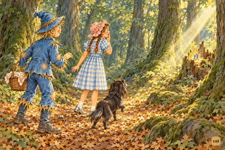 Dorothy halts mid-stride with a little cry of surprise, her hand rising to her mouth, as a tiny glint of tin shines in a distant shaft of sunlight.