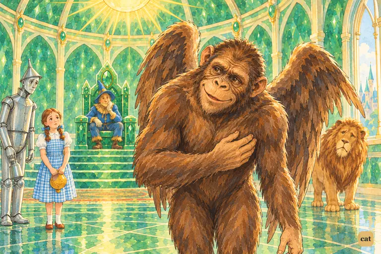 The Winged Monkey King bows and regretfully refuses Dorothy's request