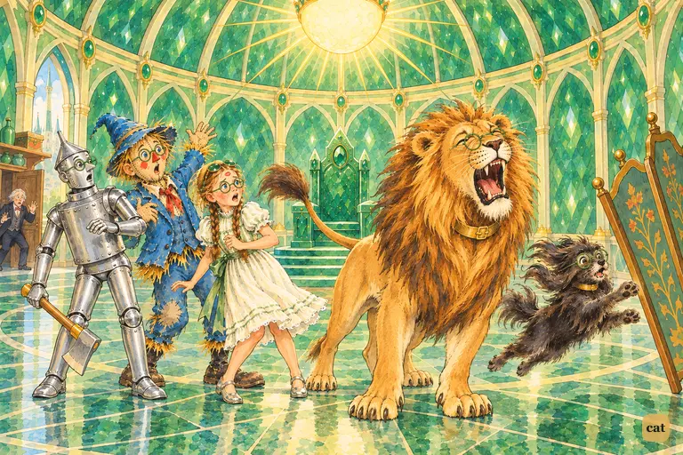 The Cowardly Lion roars in the Throne Room, making Toto leap and the screen tip over