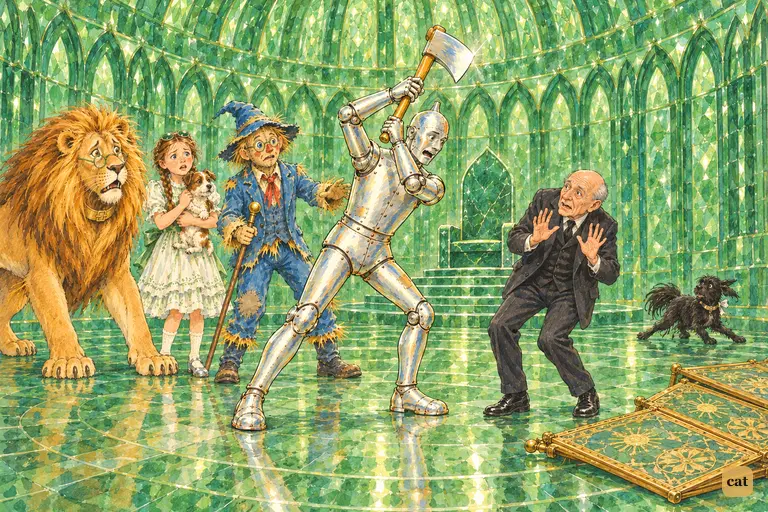 The fallen screen reveals the "terrible" Oz as a small, trembling bald old man, his palms raised before the Tin Woodman's lifted axe while the astonished travelers crowd close.