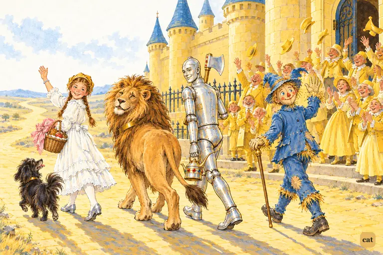 Dorothy and her four companions set off along the yellow road while the freed Winkies cheer and wave from the castle door.