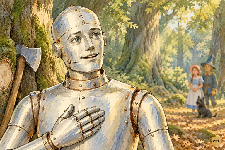 The oiled Tin Woodman touches his empty chest and asks if Oz could give him a heart